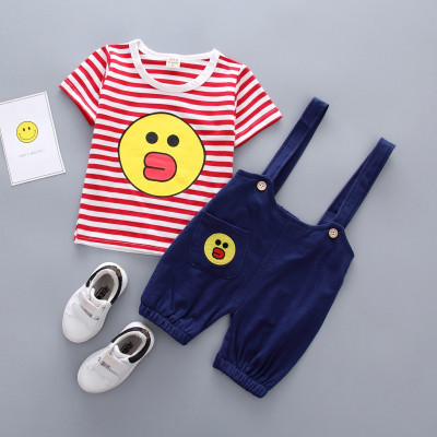 Children's clothing boys two-piece baby strap trousers suit infant striped short-sleeved dress