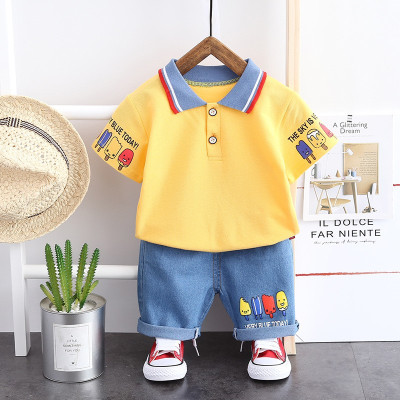 Summer Short Sleeve Kids Fashion Set Cartoon Lapel T-Shirt + Denim Shorts Boys Clothing Two Piece Set