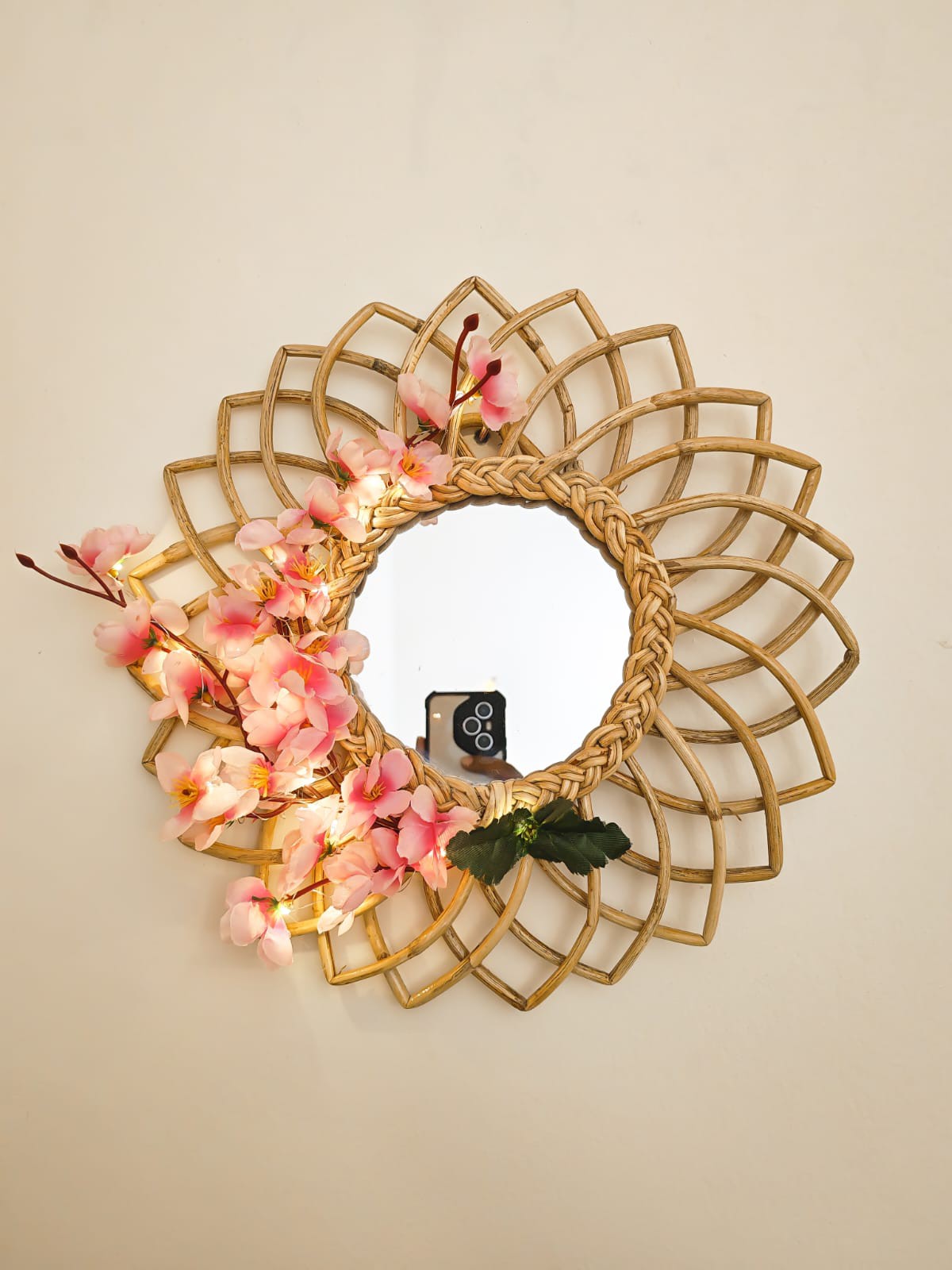 Small Cane Mirror with Pink Cherry Blossom