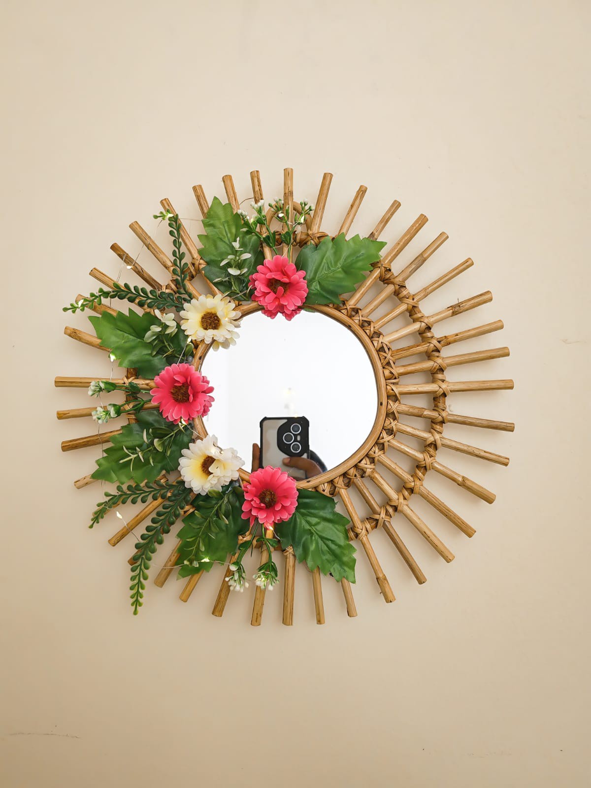 Small Cane Mirror with Mix Flower