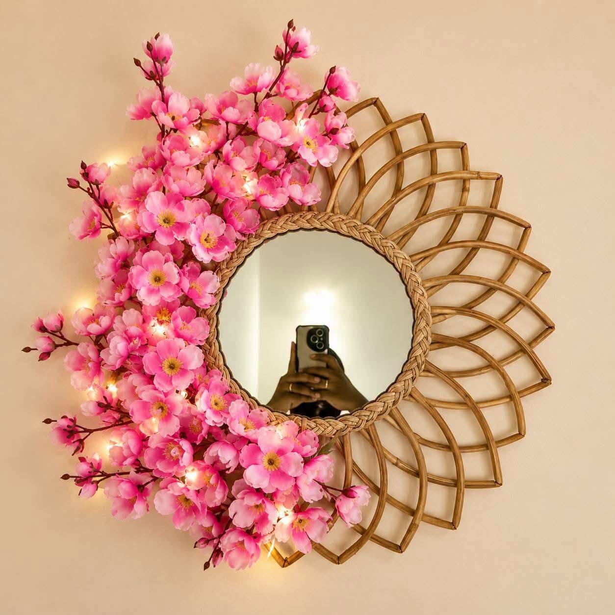 Cane Mirror with Cherry Blossom Pink