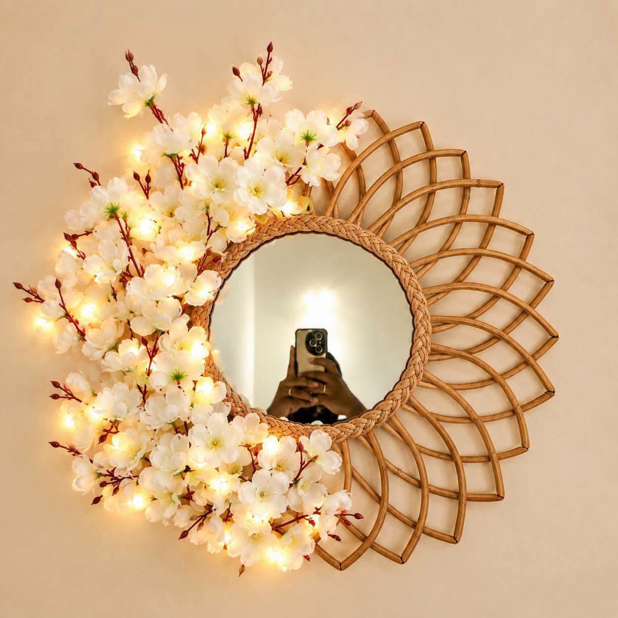 Cane Mirror with Cherry Blossom White