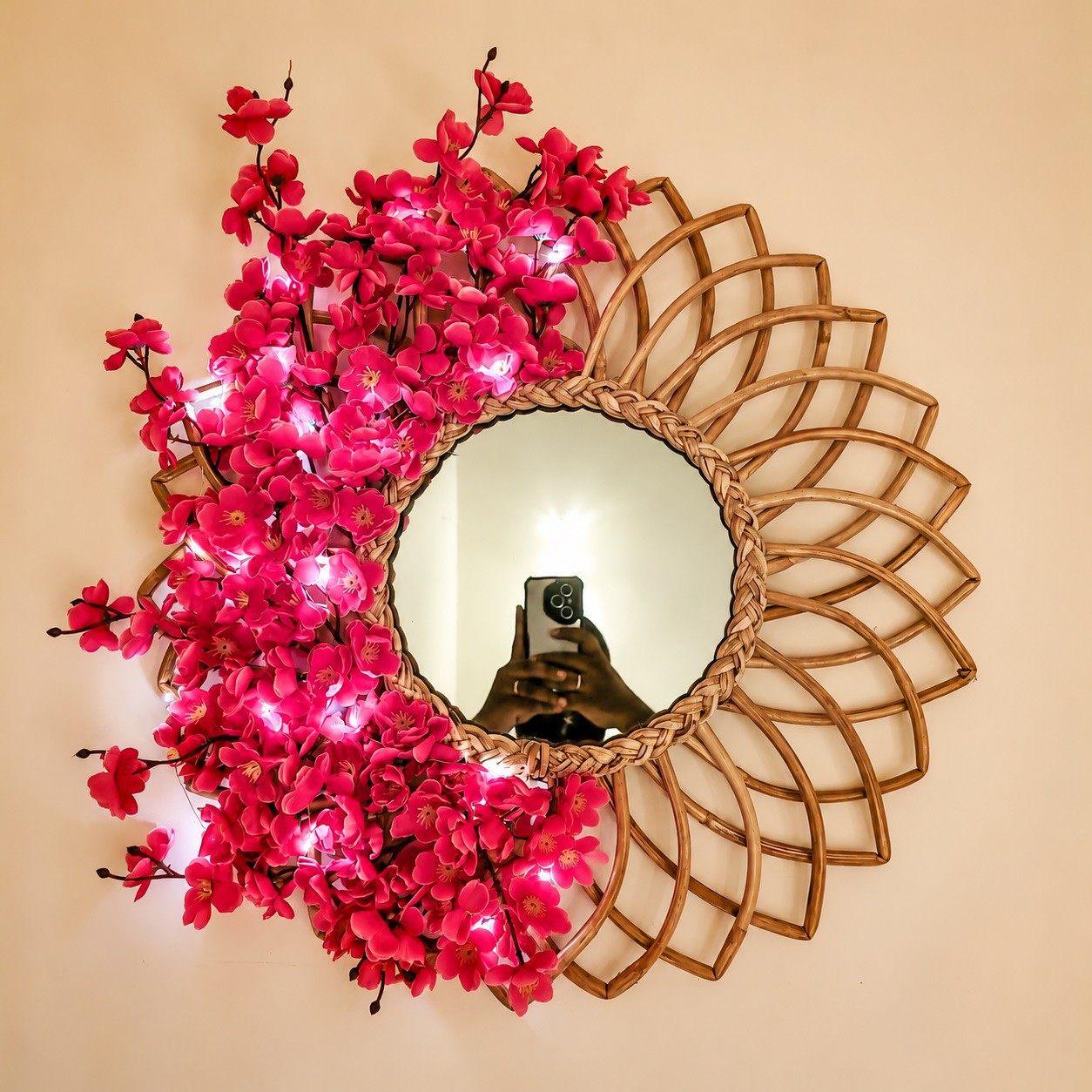 Cane Mirror with Cherry Blossom Red